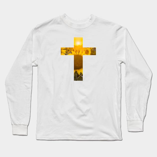 Sunset Sunflower Field Cross Long Sleeve T-Shirt by Move Mtns